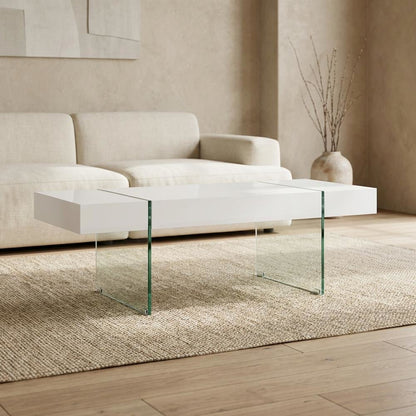 Modern white glass top coffee table with clear glass legs and sturdy MDF frame