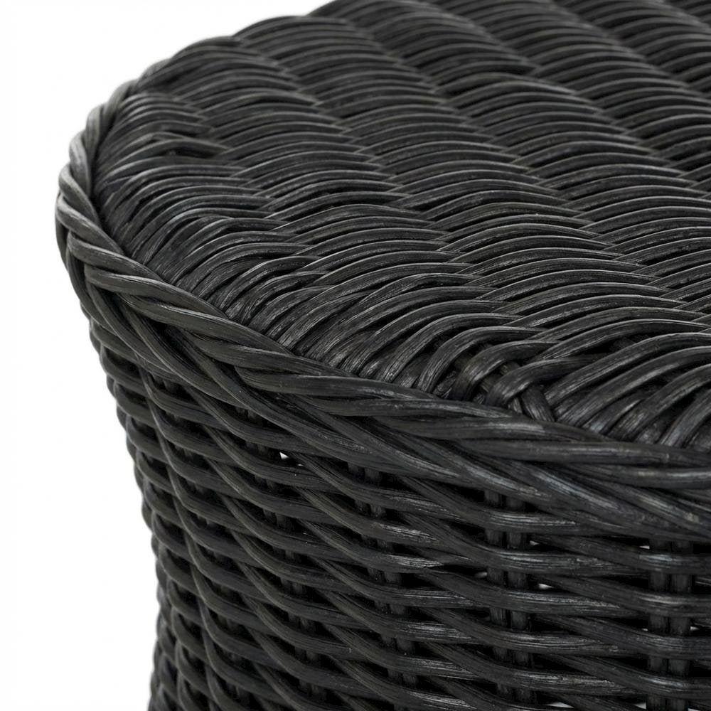 Black Rattan Round Coffee Table Ottoman with Mango Wood Top