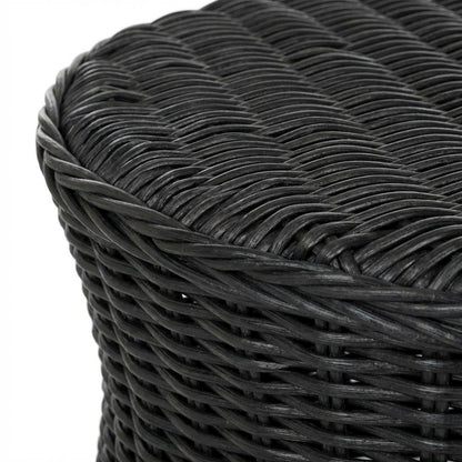 Black Rattan Round Coffee Table Ottoman with Mango Wood Top