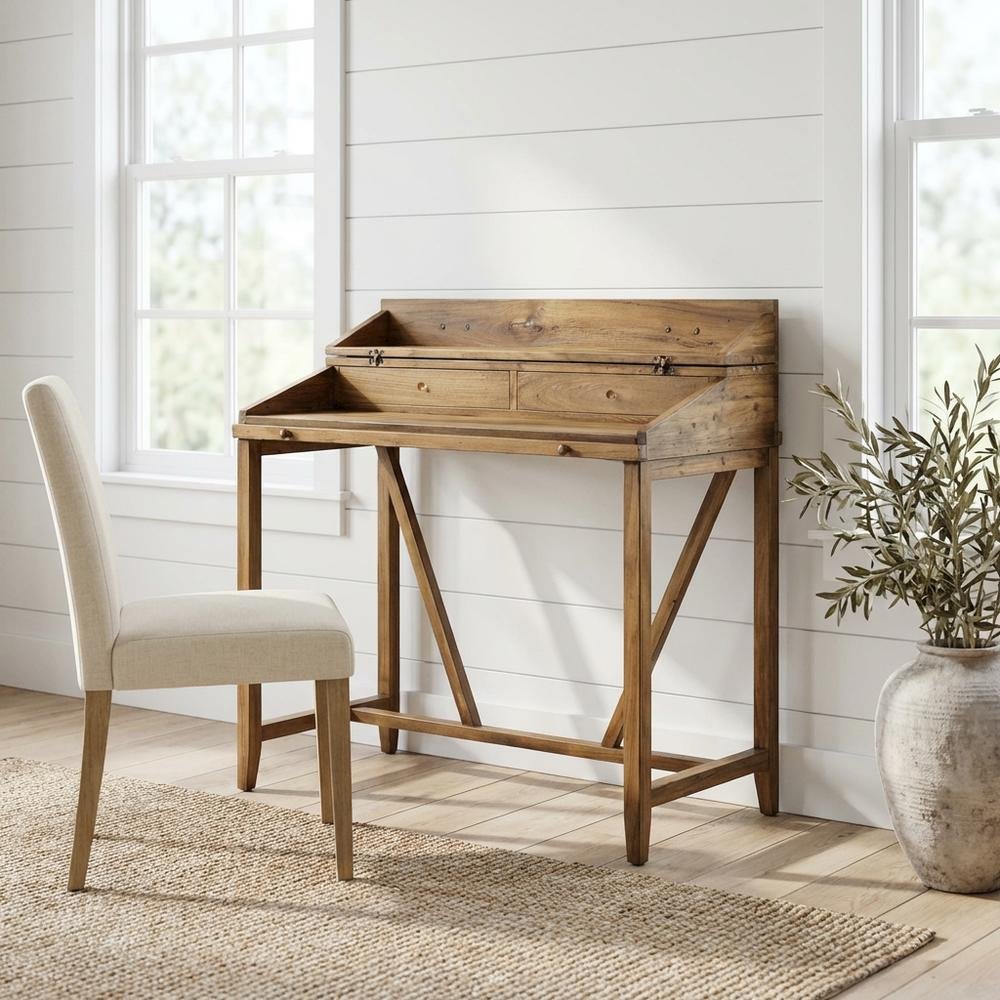 Oak-Colored Writing Desk With Pull-Out Tray And Spacious Storage