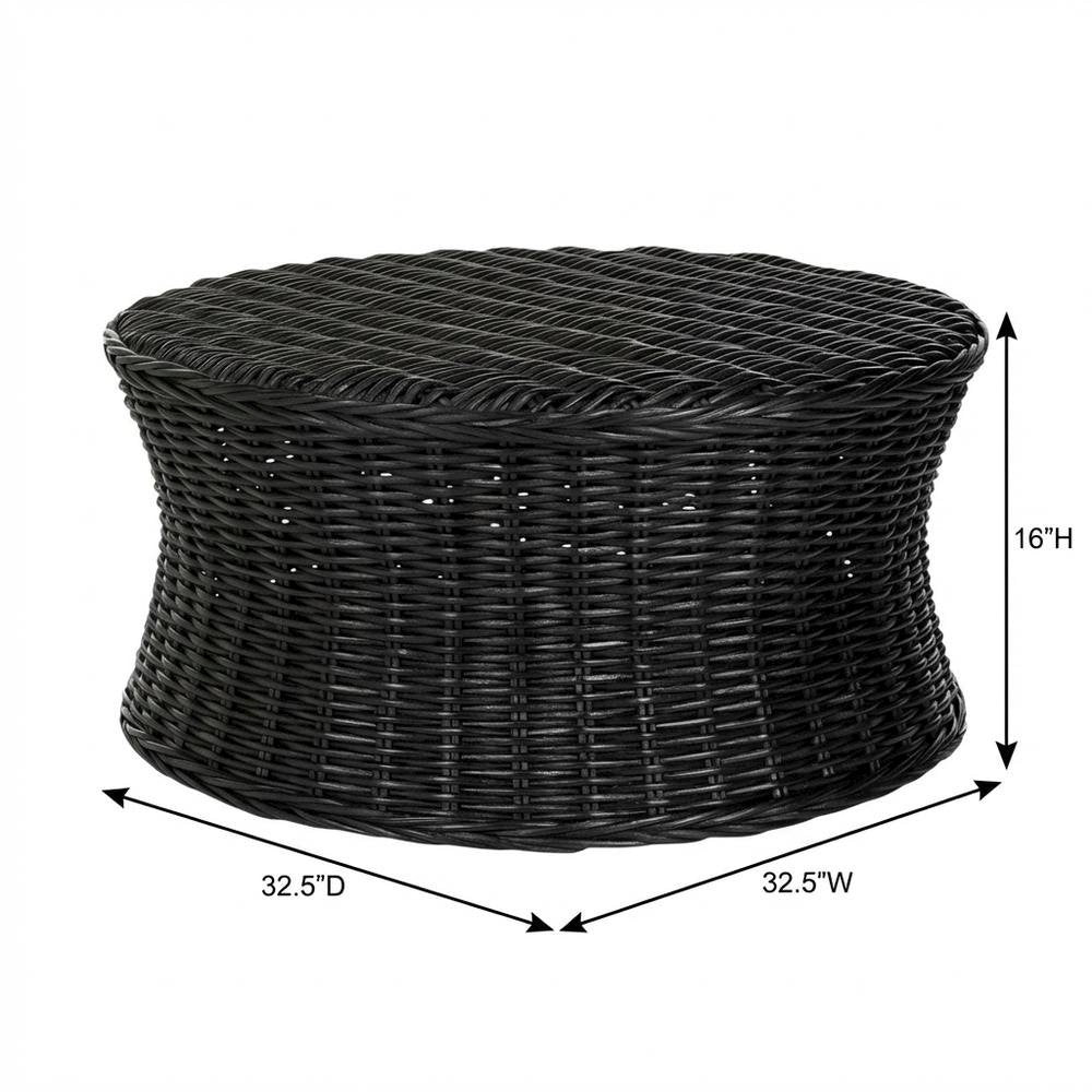 Black Rattan Round Coffee Table Ottoman with Mango Wood Top