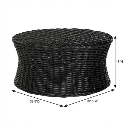 Black Rattan Round Coffee Table Ottoman with Mango Wood Top