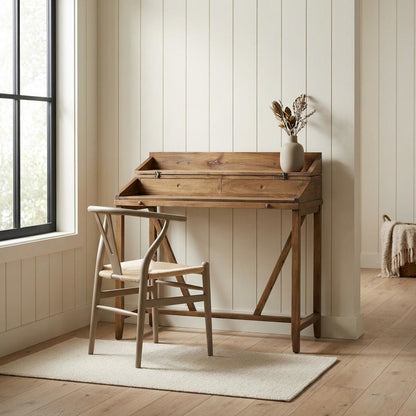 Oak-Colored Writing Desk With Pull-Out Tray And Spacious Storage