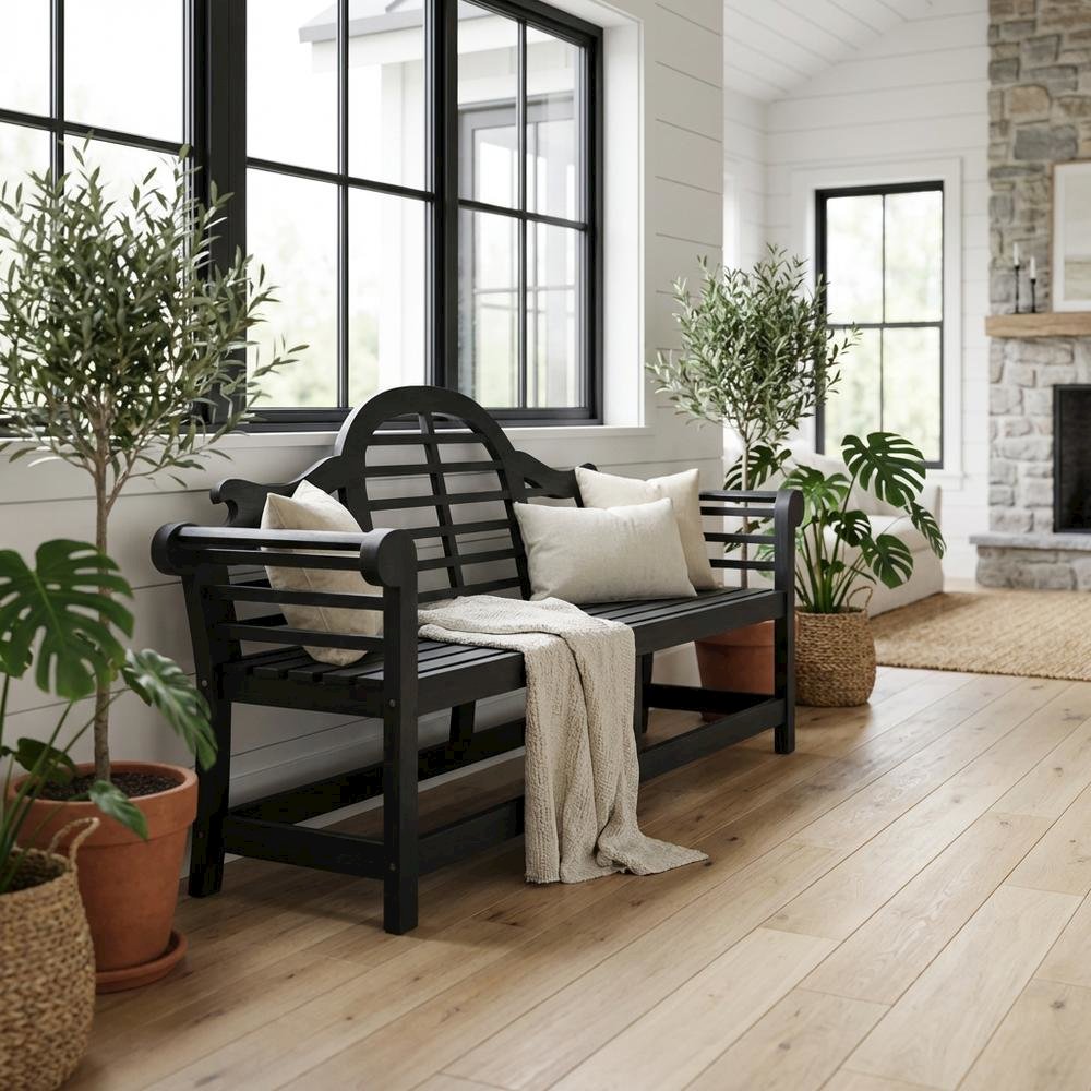 Dark Slate Grey Acacia Bench with Galvanized Steel Frame for Outdoor Use