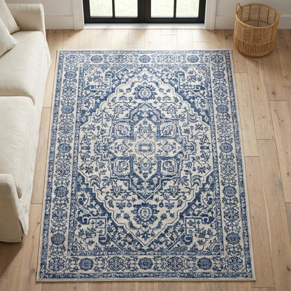 Navy and Light Grey Area Rug, Power Loomed Construction, Jute Backing, Rectangle