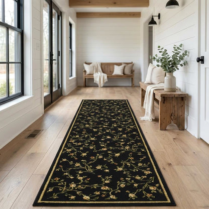 Black and Green Area Rug with Power Loomed Polypropylene Pile and Jute Backing