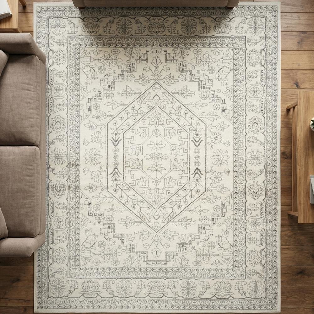 Ivory and Silver Area Rug with Power Loomed Polypropylene Pile, Large Rectangle
