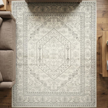 Ivory and Silver Area Rug with Power Loomed Polypropylene Pile, Large Rectangle