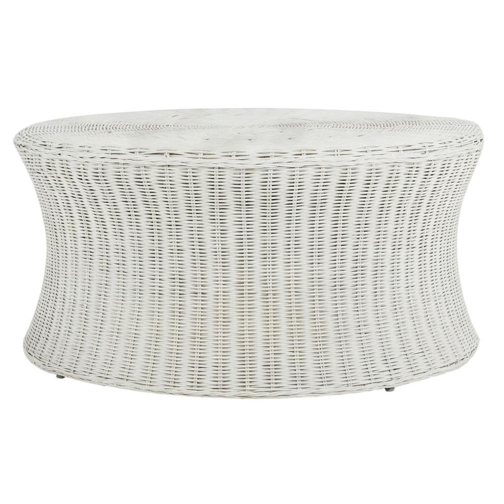 White Rattan Round Coffee Table Ottoman with Mango Wood and Lightweight Design