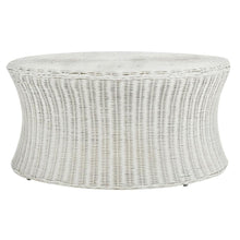 White Rattan Round Coffee Table Ottoman with Mango Wood and Lightweight Design