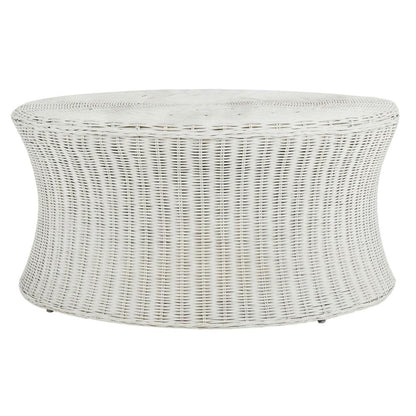 White Rattan Round Coffee Table Ottoman with Mango Wood and Lightweight Design