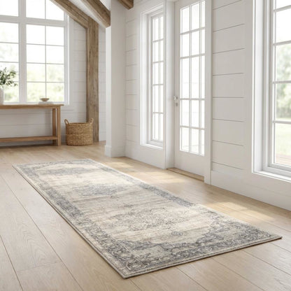 Cream and Grey Area Rug with Jute Backing and Power Loomed Construction, Runner