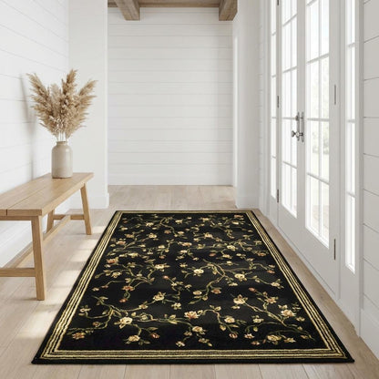 Black and Green Area Rug with Power Loomed Construction and Jute Backing
