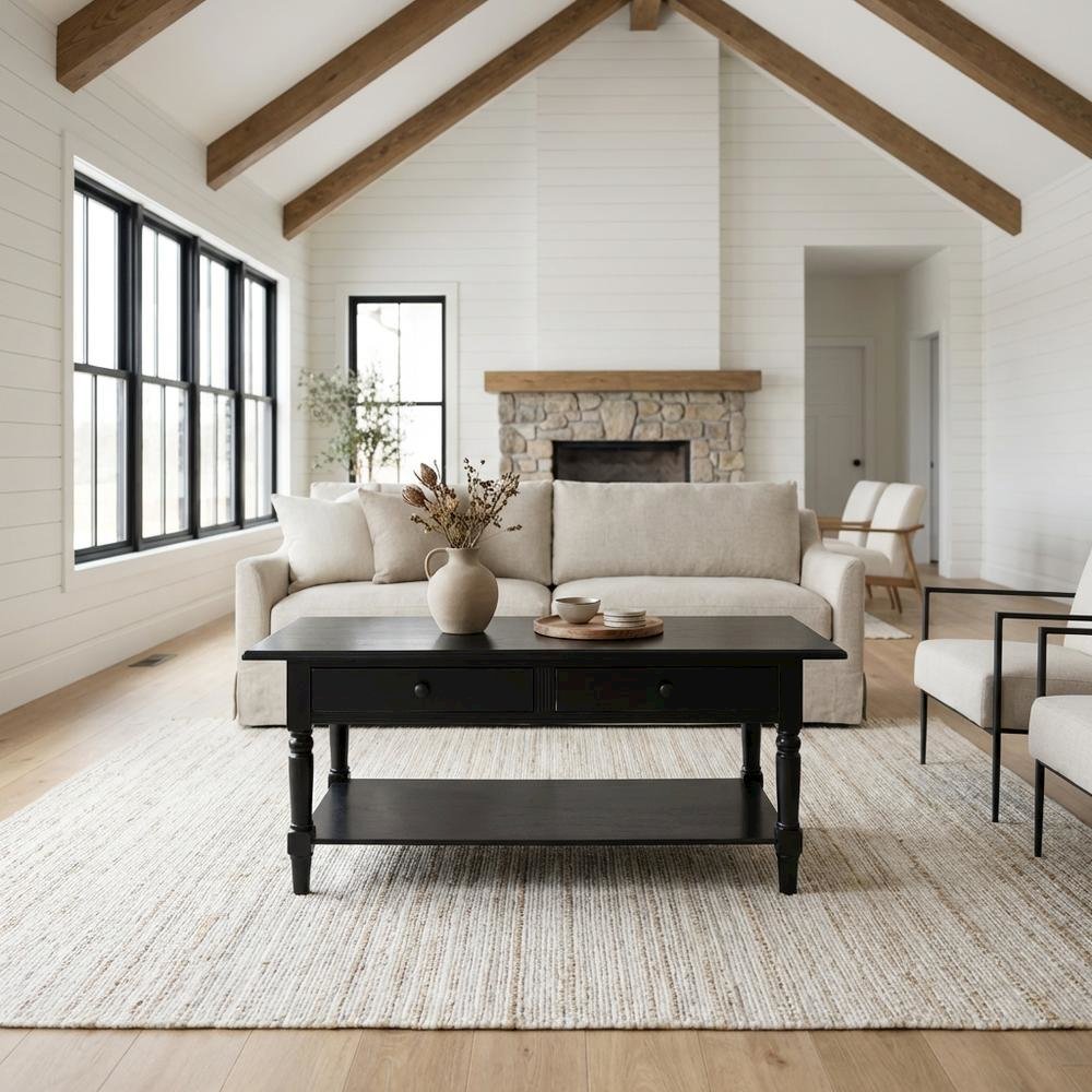 Black Pine Coffee Table with 2 Drawers and Aluminum Alloy Frame