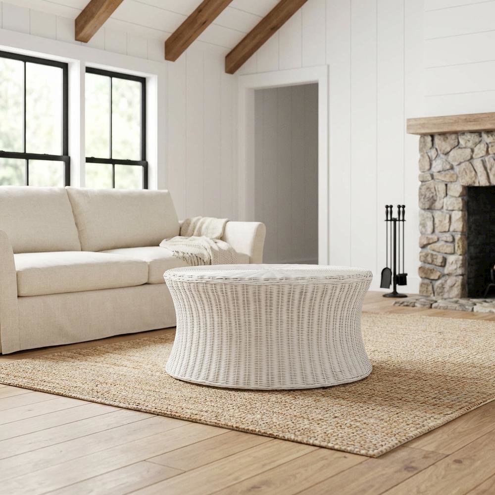 White Rattan Round Coffee Table Ottoman with Mango Wood and Lightweight Design
