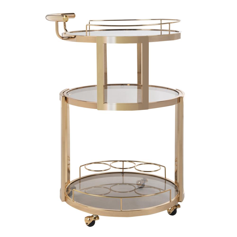 Rio 3 Tier Round Bar Cart And Wine Rack, Gold/Tinted Glass