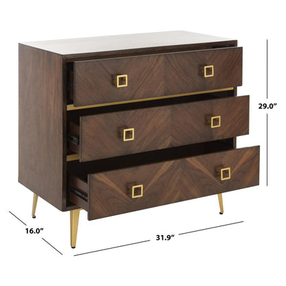 Katia 3 Drawer Chest, Walnut Parquet/Gold