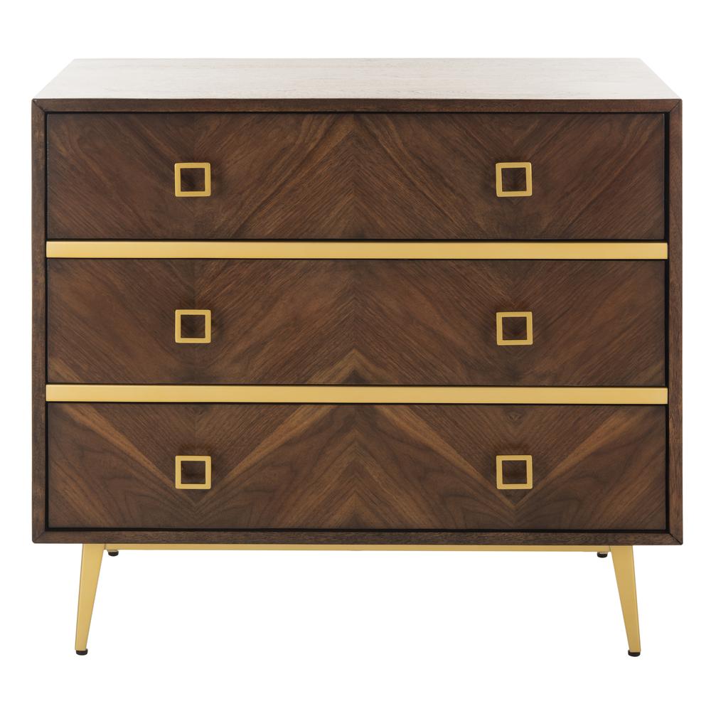 Katia 3 Drawer Chest, Walnut Parquet/Gold