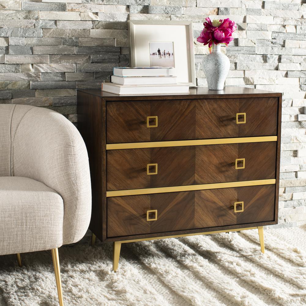 Katia 3 Drawer Chest, Walnut Parquet/Gold