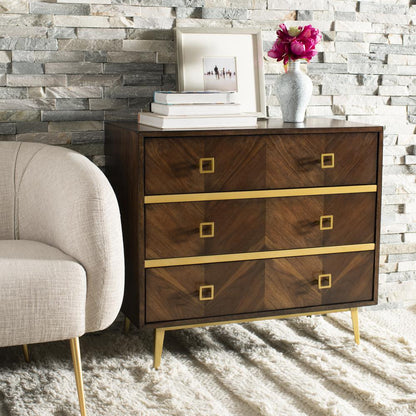 Katia 3 Drawer Chest, Walnut Parquet/Gold