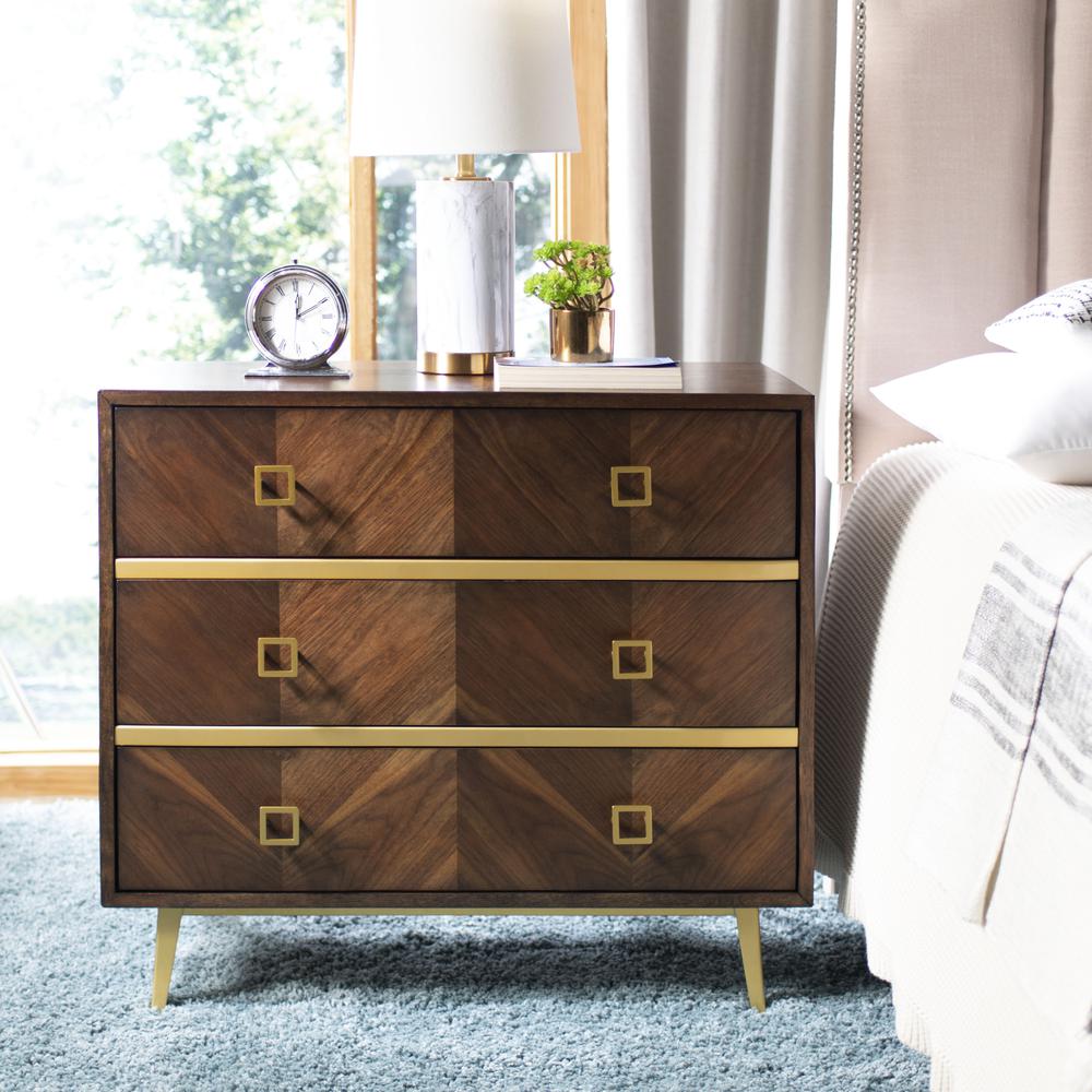 Katia 3 Drawer Chest, Walnut Parquet/Gold