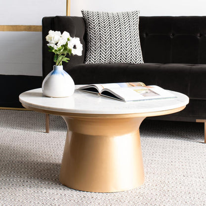 Mila Pedestal Coffee Table, White Marble/Brass
