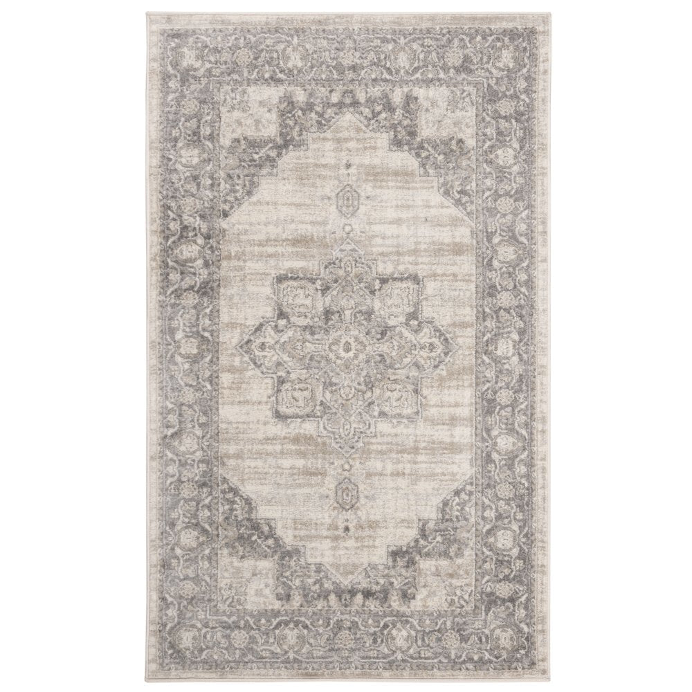 Cream and Grey Area Rug with Power Loomed Small Rectangle Shape