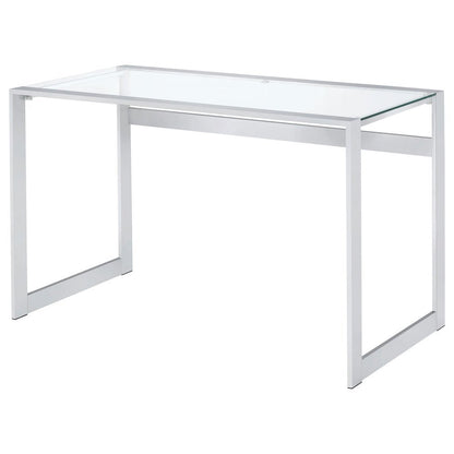 Modern Glass Top Desk with Chrome Metal Legs, Sleek Clear Glass Surface