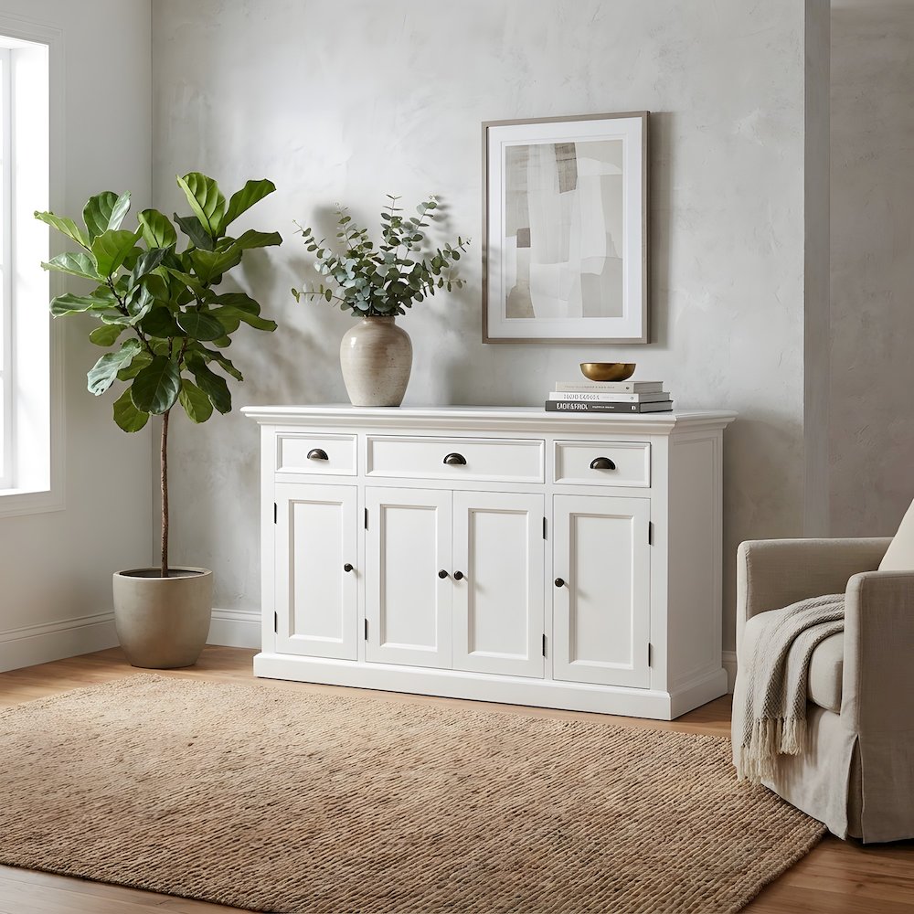 Mahogany Kitchen Buffet with Doors, Drawers, and Antique Brass Hardware
