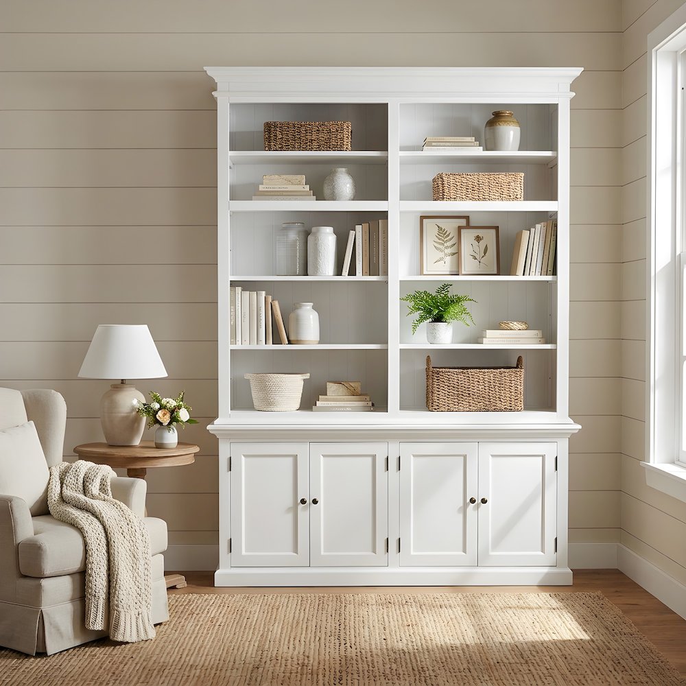 Mahogany Double-Bay Storage Hutch with Adjustable Shelves and Brass Hardware