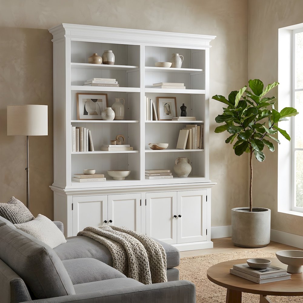 Mahogany Double-Bay Storage Hutch with Adjustable Shelves and Brass Hardware