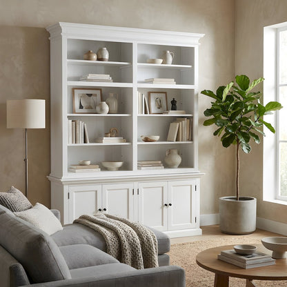 Mahogany Double-Bay Storage Hutch with Adjustable Shelves and Brass Hardware