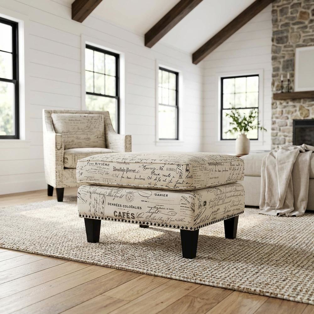 Upholstered Script Ottoman, Traditional Accent Footstool for Living Room,Brown