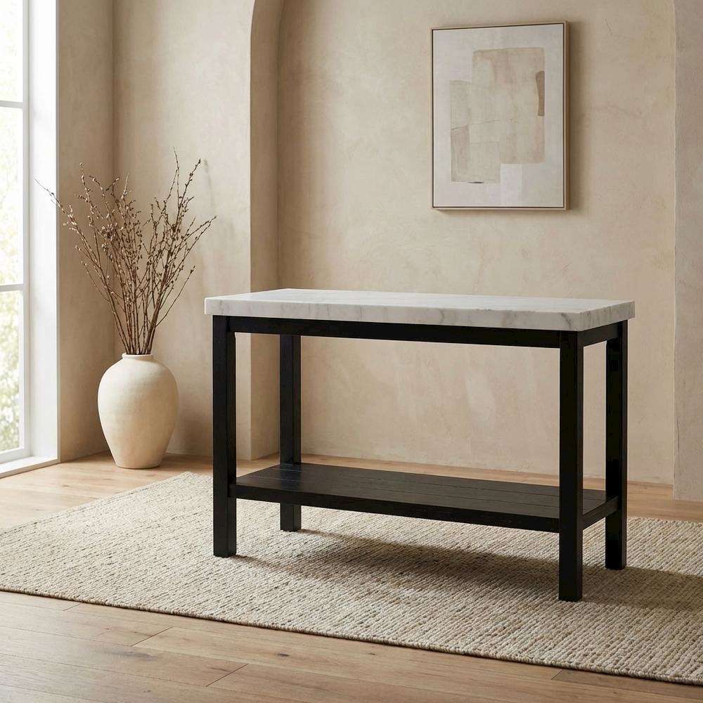 Rectangle Sofa Table, Marble Top, Transitional Console Table,Living Room,White