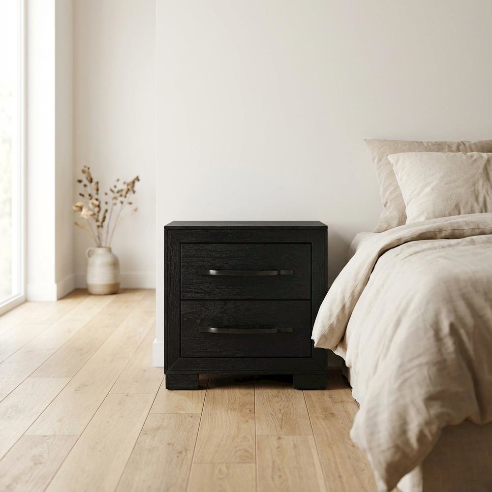 Black Modern Nightstand with 2 Drawers and Sleek Finish