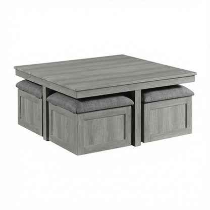 Light Grey Coffee Table with Four Storage Stools and Polyurethane Foam Seating