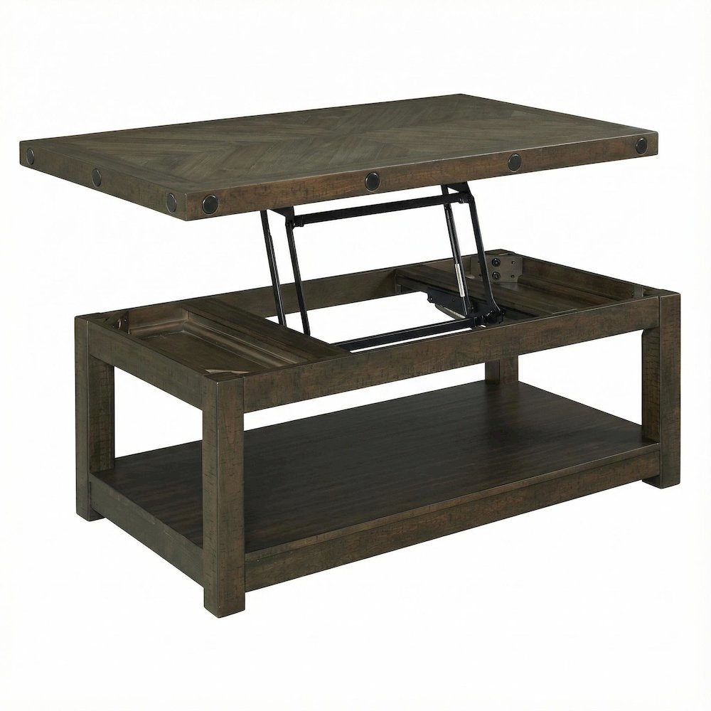 Charcoal Lift Top Coffee Table with Storage Shelf and Farmhouse Design
