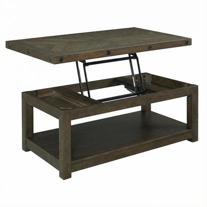 Charcoal Lift Top Coffee Table with Storage Shelf and Farmhouse Design