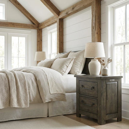 Gray Nightstand, Usb Port Featuring Farmhouse Style, Finger Joint Construction