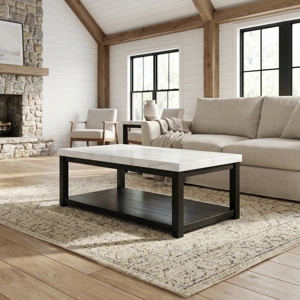 Marble Top Rectangle Coffee Table, Transitional Cocktail Table,White