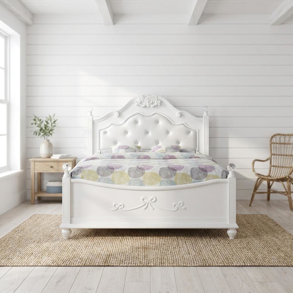 Okume Wood Full Platform Bed Frame with Headboard, Traditional Style, White