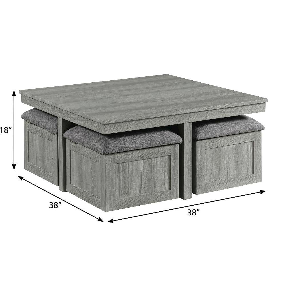 Light Grey Coffee Table with Four Storage Stools and Polyurethane Foam Seating