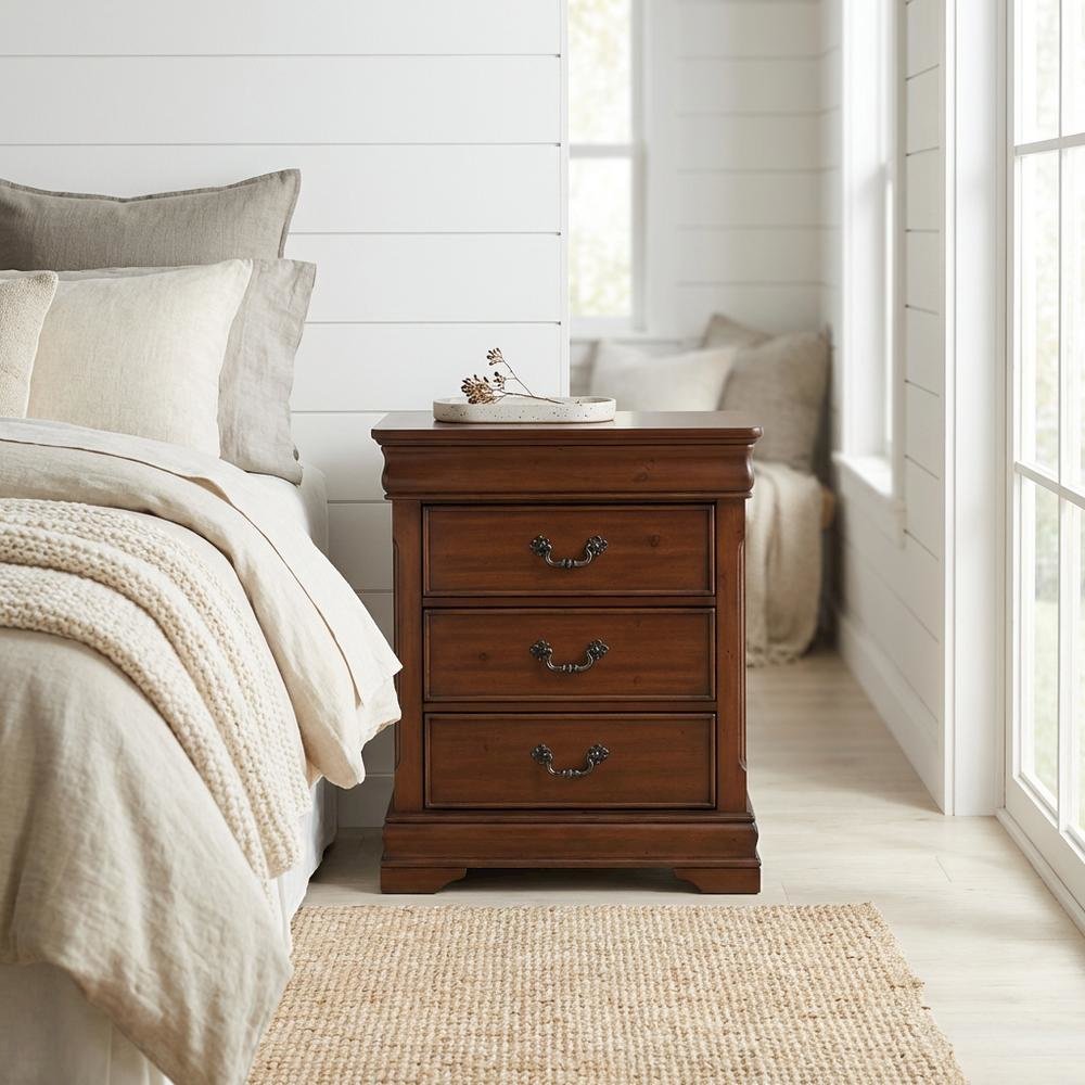 Cherry Finish Nightstand with 3 Drawers for Bedroom Storage