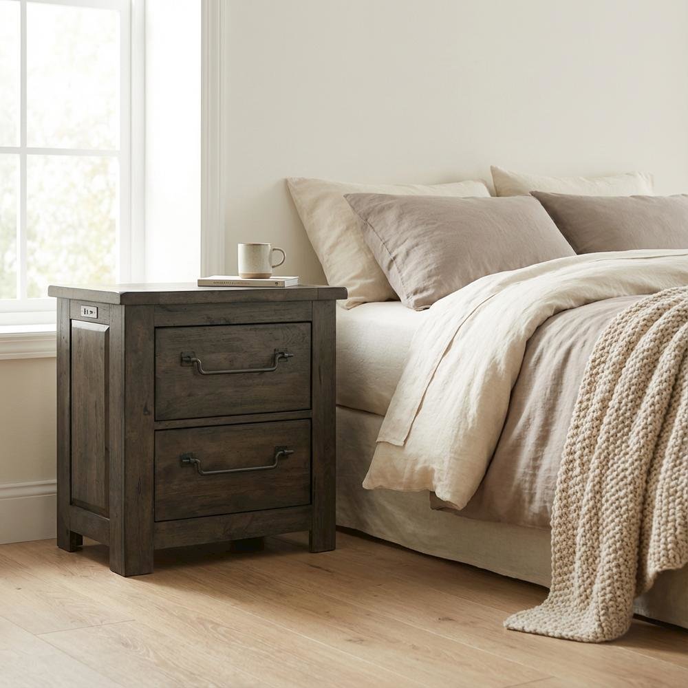 Gray Nightstand, Usb Port Featuring Farmhouse Style, Finger Joint Construction