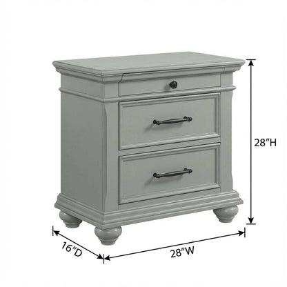 Grey Nightstand with 3 Drawers, Usb Ports, and Traditional Style