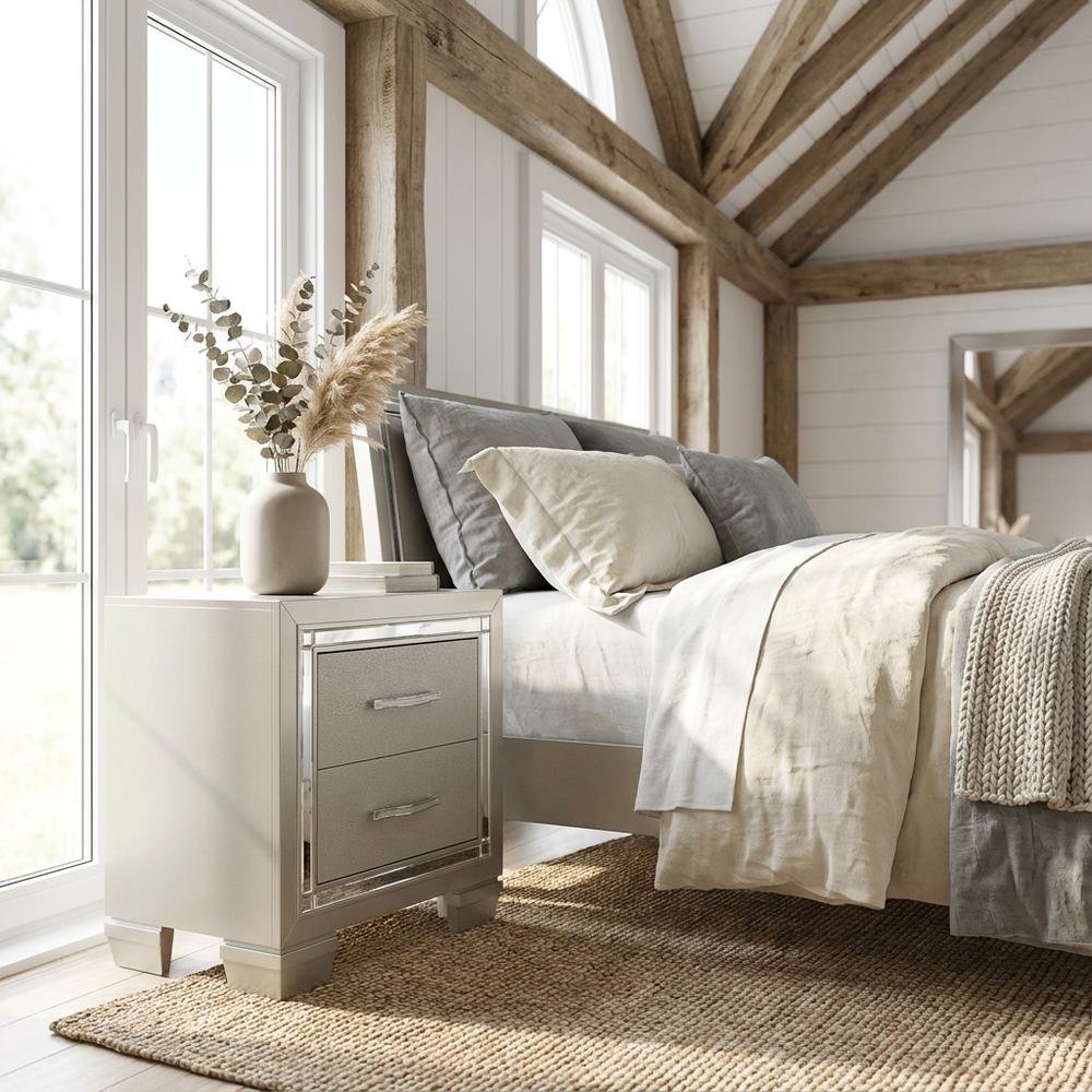 Glam Champagne Nightstand with Finger Joint Drawer Construction, Ball Ing Glide