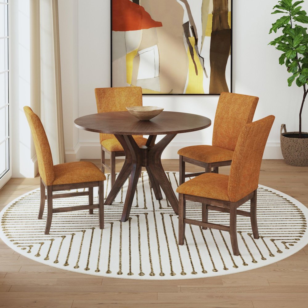 Veronica 5PC Dining Set in Walnut-Round Table and Four Orange Fabric Chairs