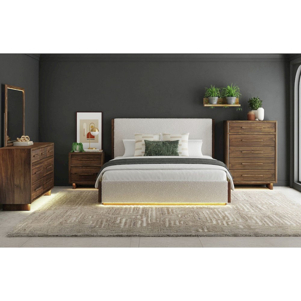 Perth Queen UPH 5PC Bedroom Set with Boucle Beige and LED in Brown