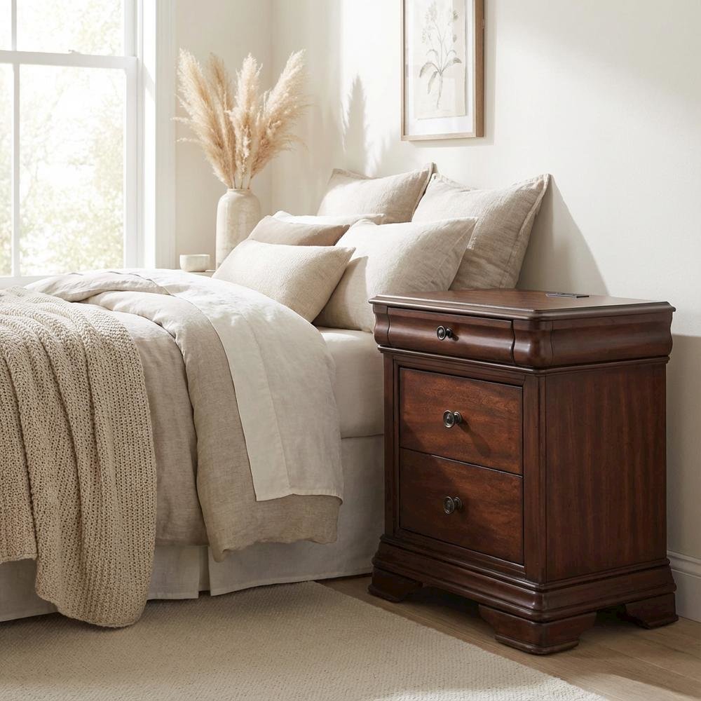 Cherry Nightstand with Usb Port and Traditional Style, 3-Drawer Storage
