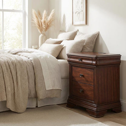 Cherry Nightstand with Usb Port and Traditional Style, 3-Drawer Storage